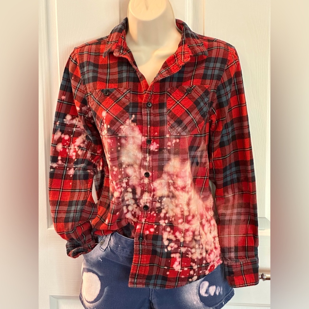 Sonoma Large (SEE MEASUREMENTS!) Upcycled Bleached Distressed Flannel Red Shirt